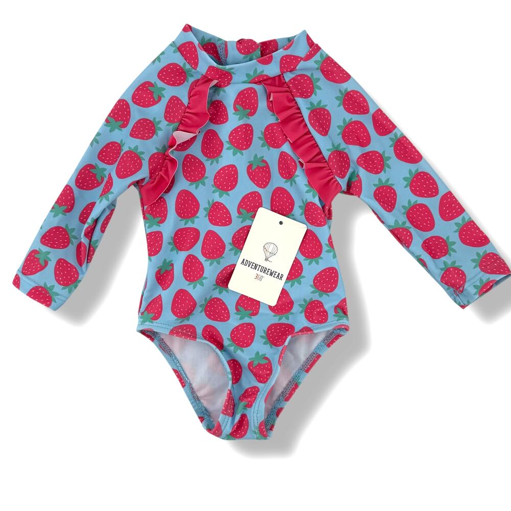 Strawberry PIcnic Ruffle Long Sleeve Rashguard Swim Suit Baby Girl Sz 3 Mos